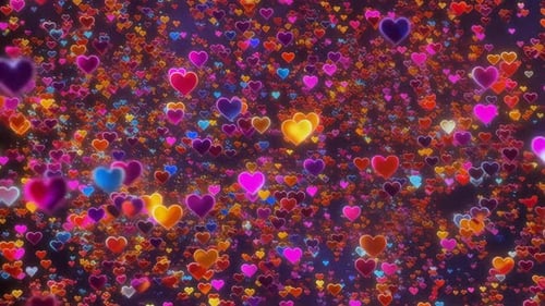 Bunte leuchtende Herzen schweben in Richtung Kamera Valentines D