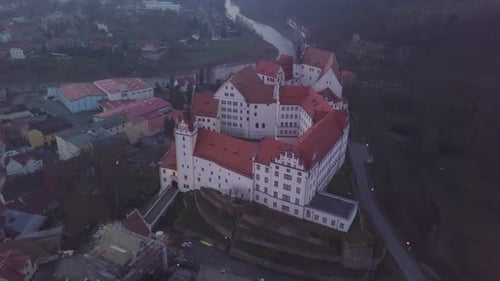 Aerial view of castleon a hill in an old medieval German town