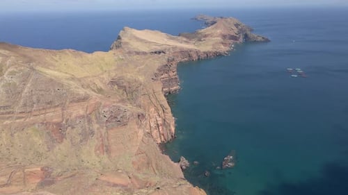 Beautiful aerial or drone shot of "Ponta de Sao Lourenco" in Madeira island in Portugal. Epic cliffs