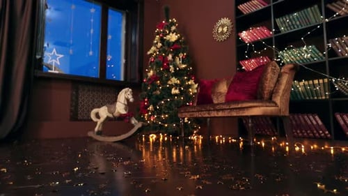 Approaching beautifully decorated Christmas tree in the corner of the room.