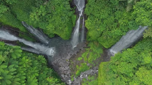 Aerial top down view of sekumpul waterfall in bali indonesia