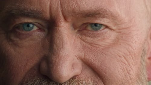 Close Up Caucasian Elderly Male Eyes Wrinkled Old Mature Senior Man Retired Pensioner Looking at