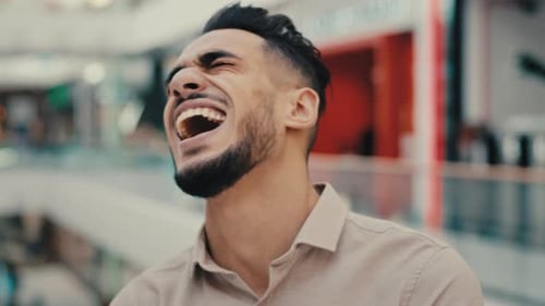 Portrait Close Up Happy Laughing Funny Cheerful Carefree Positive Hispanic Indian Bearded Man Ethnic