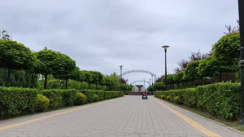 Small kid on the toy car approaches camera by the alley in the park.