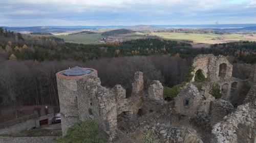 Aerial video above Helfenburk u Bavorova castle ruins aerial view in Czech Republic