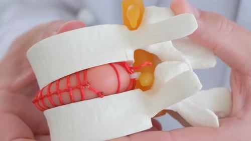 Vertebrologist Shows a Model of the Intervertebral Disc on Which a Hernia is Visible