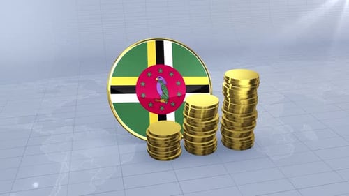 Dominica Flag With Plain Gold Coins Tower