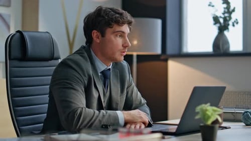 Office Man Greeting Computer Call Talking in Cabinet Businessman Video Call
