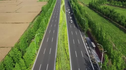 Luftaufnahme einer leeren langen Stadtstraße, die an der Seite von grünen Bäumen gesäumt ist, was zu einer ruhigen, trassigen Atmosphäre beiträgt