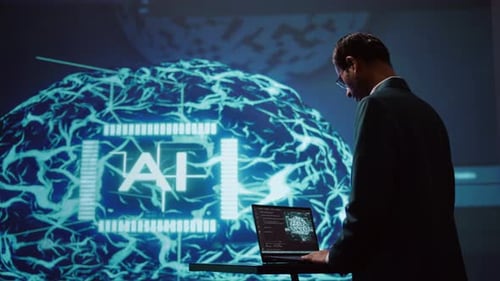 Professional Uses Laptop with Artificial Intelligence Brain Graphic