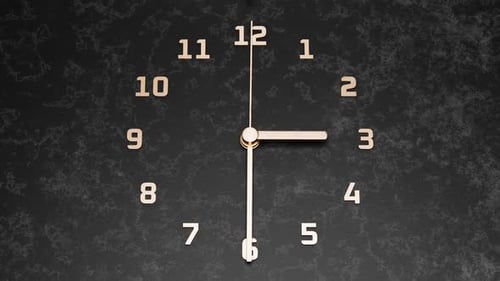 Seamless camera movement along the clock with rotating specks. Fast rotation of golden hands on a da