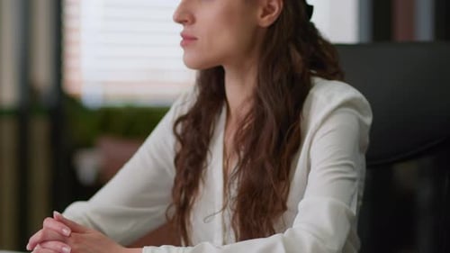 Pensive Caucasian Woman Thoughtful Businesswoman Business Employer at Office Desk Thinking
