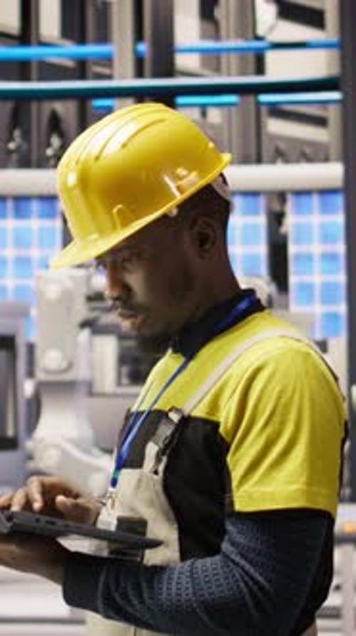 Un technicien vidéo vertical dans une usine de panneaux solaires supervise les chaînes d'assemblage de robots à l'aide d'un ordinateur portable