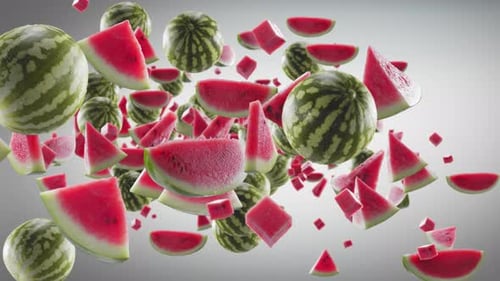 Dynamic Watermelon Fruit and Slices Falling