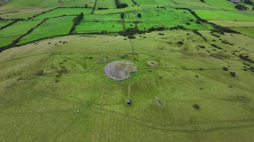 Loughcrew Cairns neolithic monument, passage tomb. Irish heritage site, aerial drone