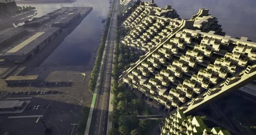 Diseño arquitectónico moderno cerca de la costa con espacios verdes y edificios