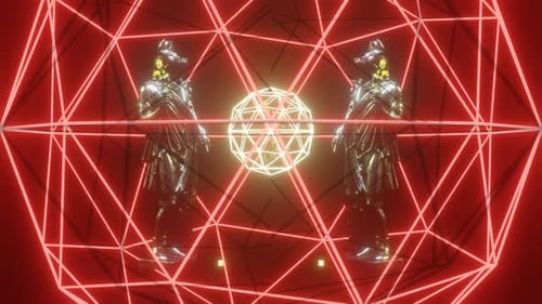 Abstract Geometric Motion with Glowing Neon Grid and Statues
