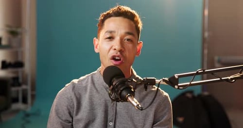 Streamer, microphone and content creator with face of man for live streaming, influencer or podcast