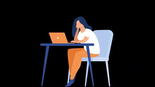 Exhausted Female Office Worker Sitting At The Table On Alpha Channel