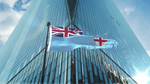 Realistic 3D Fiji Flag Waving Against Modern Skyscraper