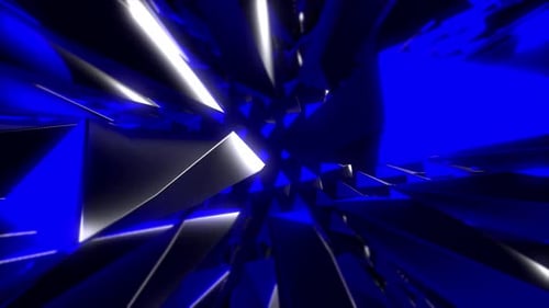 Dreieckige 3D-Formen in Blau und Silber bilden eine zentrale Öffnung