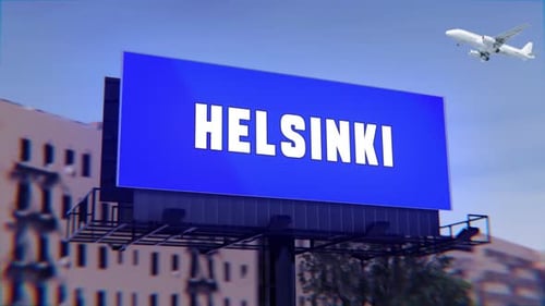 Helsinki City Sign With A Street Billboard And An Airplane Taking Off In The Background