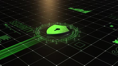 Futuristic Digital Grid with Animated Security Shield