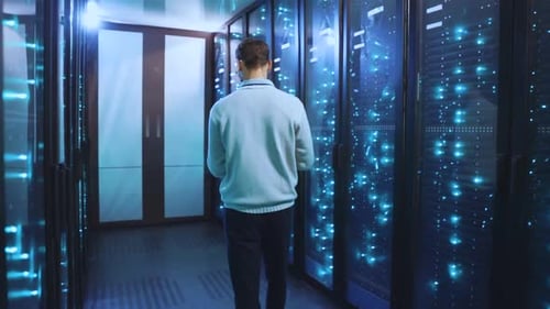 Technician Walking Through Data Center with Laptop