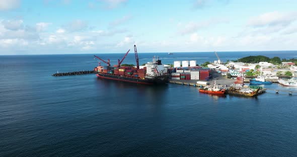 Cargo Containership Dock On Apia Harbour In Samoa. Aerial Drone Shot ...