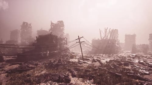 Destruction of a City After Military Conflict Leaves Buildings in Ruins