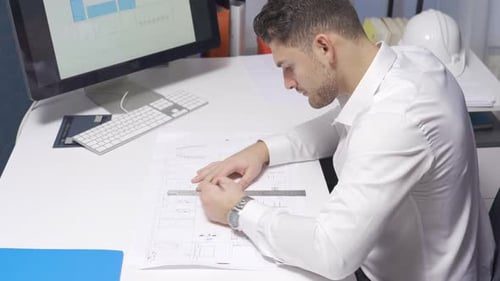 Der
Architekturingenieur zeichnet die Innenausstattung des Hauses.