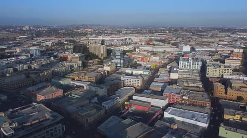 Aerial View of Los Angeles Downtown Cityscape at Sunrise 4k, Established Shot
