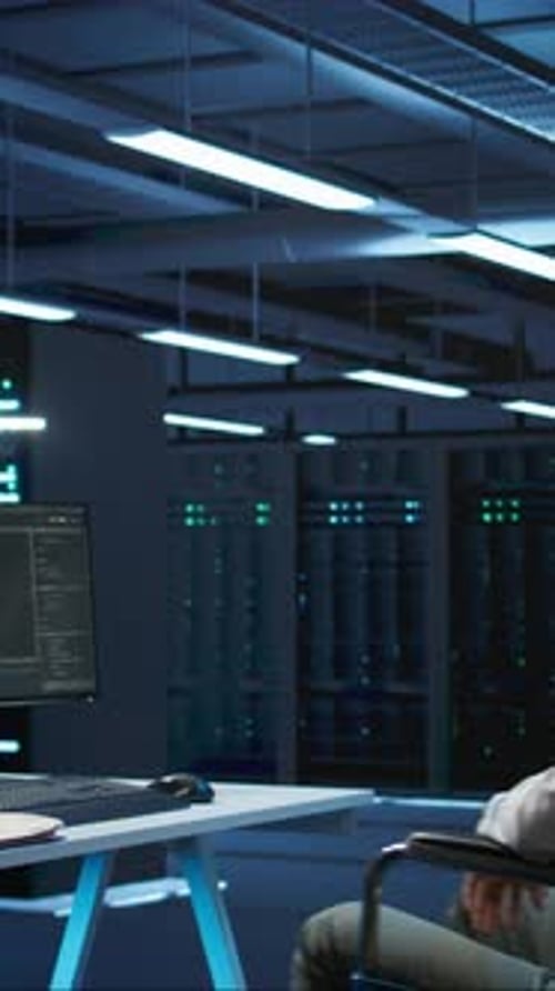 Vertical Video Woman in Wheelchair Doing Maintenance on Server Room Infrastructure