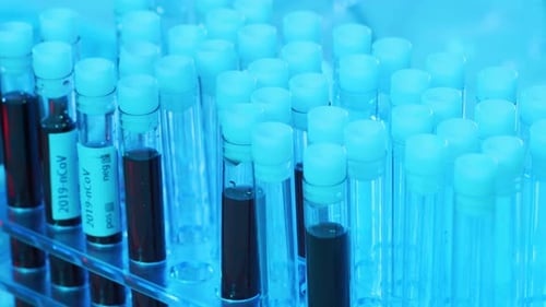 Laboratory Tubes with Blood and Virus Closeup of Scientific Lab in Hospital Epidemic Disease