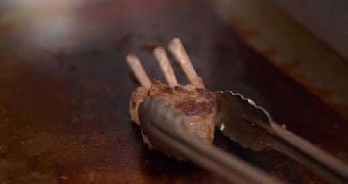 Grilling Meat in Restaurant Kitchen, Beef Lamb Barbeque Barbecue