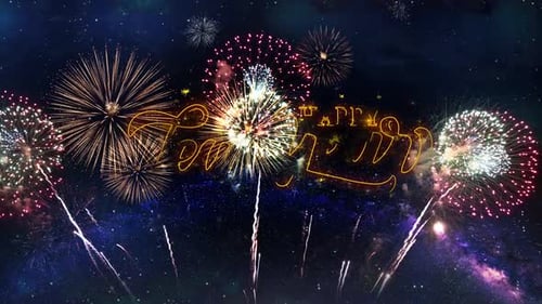 Happy New Year Sparkling Text with Dynamic Fireworks Celebration