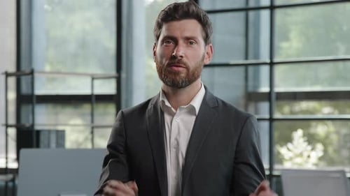 Webcam View Caucasian Bearded Business Man Distant Teacher Talking to Web Cam on Conference Video