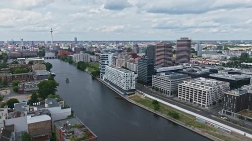 Aerial view of modern buildings on the bank of spree river Berlin, Germany .