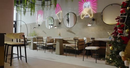 Decorated Hall Of City Cafe In Christmas Holidays Cozy Interior In Modern Restaurant With Xmas Tree