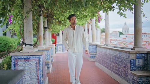 Relaxed Macho Walking Viewpoint Alley Handsome Italian Man Taking Smartphone