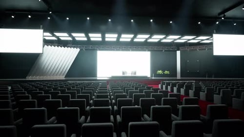 Empty Modern Conference Hall with Red Carpet and Bright Stage Lighting