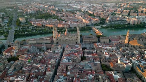 Zaragoza - Spain, panoramic aerial perspective of old town center. Cathedral of Zaragoza in the midd