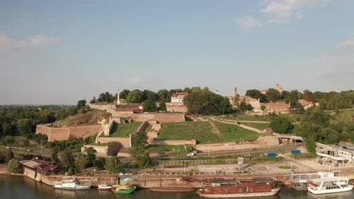 Drone forwarding over Belgrade capital city of Serbia. Amazing nature and old city with sculpture an