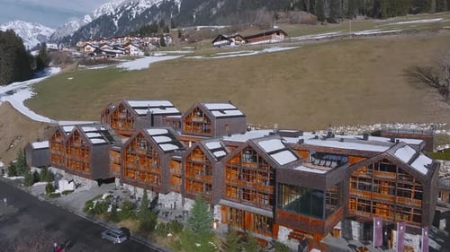 Aerial View of Luxury Alpine Hotel and Village in the Dolomites