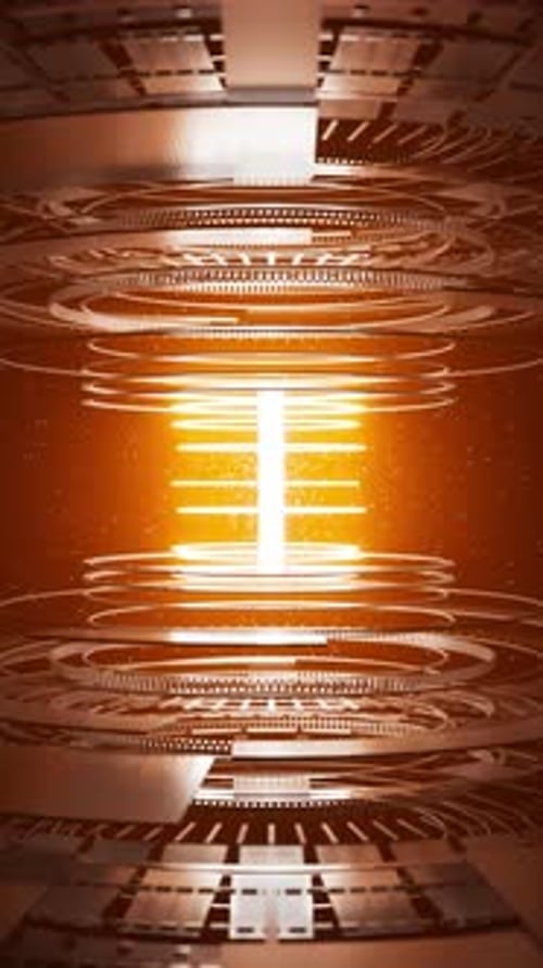 Seamless loop of luminous core with rotating sparks and rings.