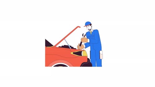 Animated Flat Design Mechanic Working on Car Engine