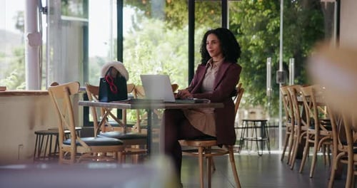 Remote work, insight or woman in cafe with laptop, thinking and ideas for news story