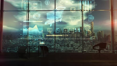 Futuristic Digital Business Interface Animation with Data and Icons