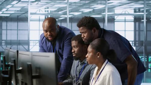 Coworkers in Data Center Doing Brainstorming Implementing AI