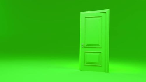 Green door opening on green screen background